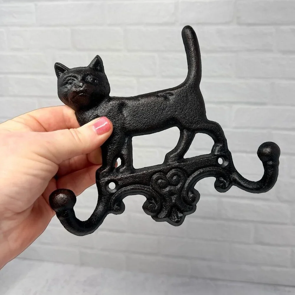 Cast Iron Cat Wall Hook Rustic Farmhouse Coat Hooks Vintage Style Entryway Decor